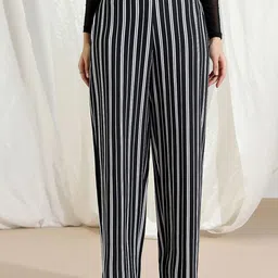 Selvia Women Striped Monochrome Relaxed Straight Leg Easy Wash Parallel Trousers-picture-23