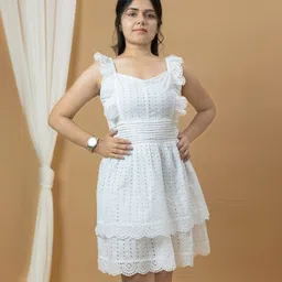 Veeralda Women Self Design Layered Flutter Sleeves Fit & Flare Above Knee Dress image 3