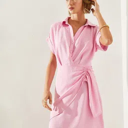 BIANCO LUCCI Women Shirt Collar Cap Sleeves Gathered Shirt Dress image 4
