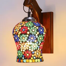 Devansh White & Yellow Floral Printed Wooden Bell Shaped Wall Lamp With Mosaic Glass image 5
