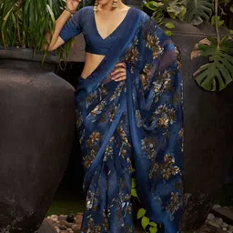 GHAN SALS Floral Printed Baluchari Saree With Blouse Piece image 4