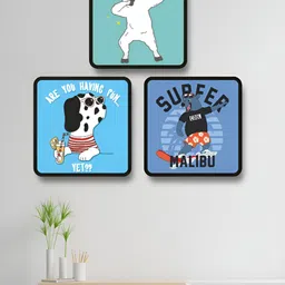 SAF Blue & Black 3 Pieces Animal Cartoon Printed Wooden Wall Art-image-64