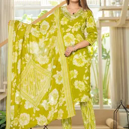 WILL BOTTOM Women Floral Printed Pure Cotton Kurta with Trousers & Dupatta-picture-28