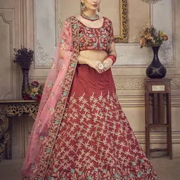KALINI Floral Embroidered Thread Work Unstitched Blouse And Lehenga With Dupatta image 3