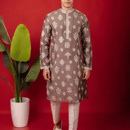 SUUTRAA BY SG Men Ethnic Motifs Embroidered Linen Kurta with Pyjamas-image-37
