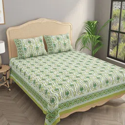 Gulaab Jaipur White & Green Ethnic Motifs 400 TC King Bedsheet with 2 Pillow Covers-picture-16
