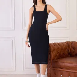 Orchid Blues Women Denim Square Neck Bodycon Midi Dress-picture-14