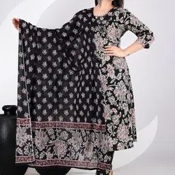 k d fab Floral Printed V-Neck Pure Cotton A-Line Kurta With Trousers & Dupatta-picture-35