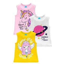 LITTLE LUSH Girls Pack Of 3 Typography Printed Round Neck Sleeveless Tshirts-picture-11