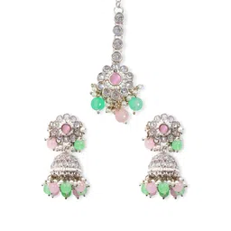 YANSHIKA Rhodium-Plated American Diamond Studded & Beaded Jewellery Set image 2