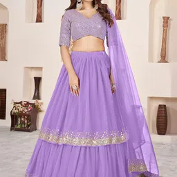 ETHNIC PLUS Embellished Sequinned Semi-Stitched Lehenga & Unstitched Blouse With Dupatta-picture-22