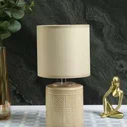 TAYHAA Beige Ceramic Textured Cylindrical Shaped Table Lamp image 3