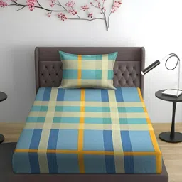 WEAVE AND DECOR Blue Checked Pure Cotton Feel 300TC Single Bedsheet Set-1.98mx91.44cm-image-60