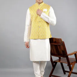 Manish Creations Mandarin Collar Straight Kurta With Churidar And Nehru Jacket image 2