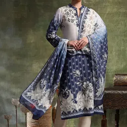 Nayam By Lakshita Floral Printed Mandarin Collar Linen Kurta With Trousers & Dupatta-image-86