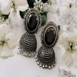 UNIVERSITY TRENDZ Silver-Plated Artificial Stones Studded & Beaded Dome Oxidised Jhumkas image 2