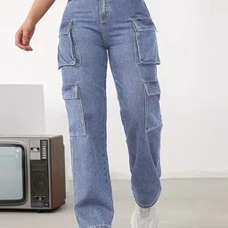 Crazeis Women Comfort Wide Leg High-Rise Light Fade Acid Wash Stretchable Cargo Jeans-picture-29