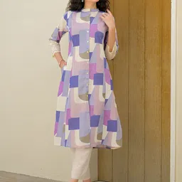 Uparna Geometric Printed Mandarin Collar Thread Work Kurta image 4