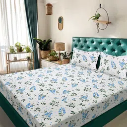 KLOTTHE White & Blue Printed 300 TC King Bedsheet With 2 Pillow Covers - 2.50 x 2.25 m-picture-29