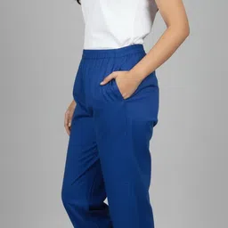 izaafa Women Regular Fit Blue Pure Cotton Trousers image 3