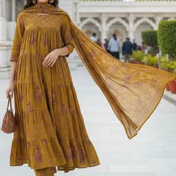KALINI Women Ethnic Motifs Printed Tiered Kurta with Trousers & With Dupatta image 2