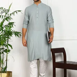 House of Pataudi Vertical Striped Mandarin Collar Thread Work Straight Kurta image 4