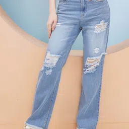 PUELLA Women Flared High-Rise Highly Distressed Light Fade Jeans-picture-19