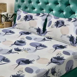 KLOTTHE Blue Floral 300 TC Double Size Fine Bedsheet With Pillow Covers - 98 x 88 In image 2