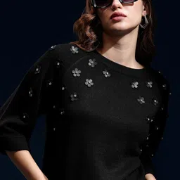 Tokyo Talkies Women Ribbed Pullover with Embellished Detail-picture-31