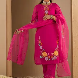 Indo Era Women Floral Embroidered Regular Thread Work Kurta with Trousers & With Dupatta image 5