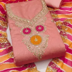 BlissFlair Floral Embroidered Sequinned Chanderi Silk Unstitched Dress Material-image-96