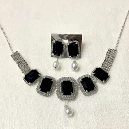 Varnii Silver plated Black Stone Statement Choker Necklace Set With Earrings image 5