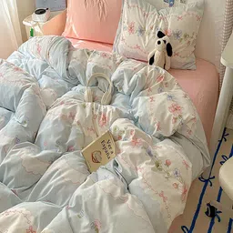 JC HOME Blue & White 4 Pieces Floral Printed Single AC Room Bedding Set With Quilt image 2