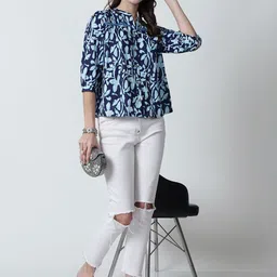 Feel Clath Print Mandarin Collar Cotton Top image 3