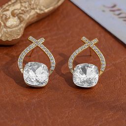 VAGHBHATT Gold-Plated CZ Studded Geometric Cushion-Cut Studs With Crossover Crystal Arch-picture-13