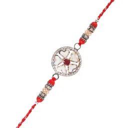 Aapno Rajasthan AD Studded Heart Shape Floral Rakhi With Roli Chawal & Greetings Card image 2