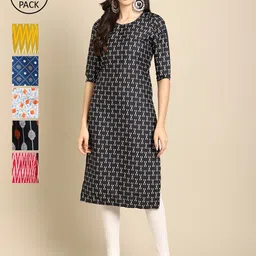 7Threads Women Black & Yellow Pack of 6 Geometric Printed Crepe Kurtas image 1