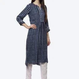 Biba Women Blue Geometric Printed Keyhole Neck Flared Sleeves Thread Work Kurta image 3