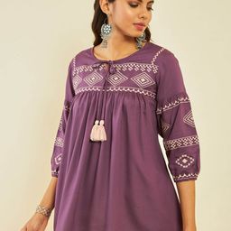 Soch Embroidered Tie-Up Neck Cuff Sleeve Pleated Tunic-picture-6