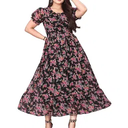 QENA Floral Printed Puff Sleeve Georgette Fit & Flare Maxi Dress-image-5