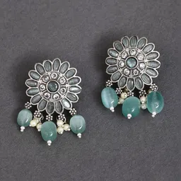 JAYPORE Silver-Plated Artificial Stones Studded & Beaded Floral Drop Earrings-image-38