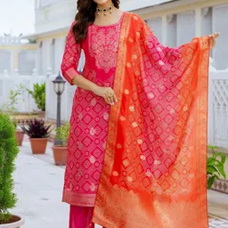 Brand Hill Bandhani Woven Design Round Neck Zari Straight Kurta With Trousers & Dupatta-picture-14