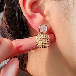 KRENOZ Gold-Plated Pearls Beaded Square Shaped Drop Earrings image 5