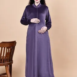 Secret Wish Women Solid Velvet Winter Maternity Maxi Nightdress-picture-14