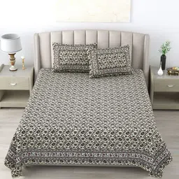 Wayne Martin Brown & Green Floral 300 TC Pure Cotton King Bedsheet With 2 Pillow Covers-image-67