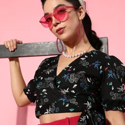 Moda Rapido Floral Print Puff Sleeve Crepe Wrap Crop Top image 3