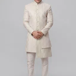 Ethnix by Raymond Embroidered Mandarin Collar Neck Sherwani Set-picture-16