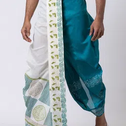 Nakshi Men White & Teal Dupion Printed Dhotis image 2