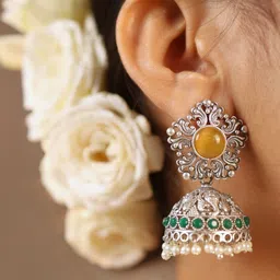 KRISHAZ Silver Plated Artificial Stones Studded And Beaded Oxidised Dome Shaped Jhumkas image 2