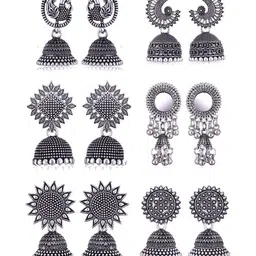 MEENAZ Set Of 6 Silver Plated Oxidised Dome Shaped Jhumkas-picture-42
